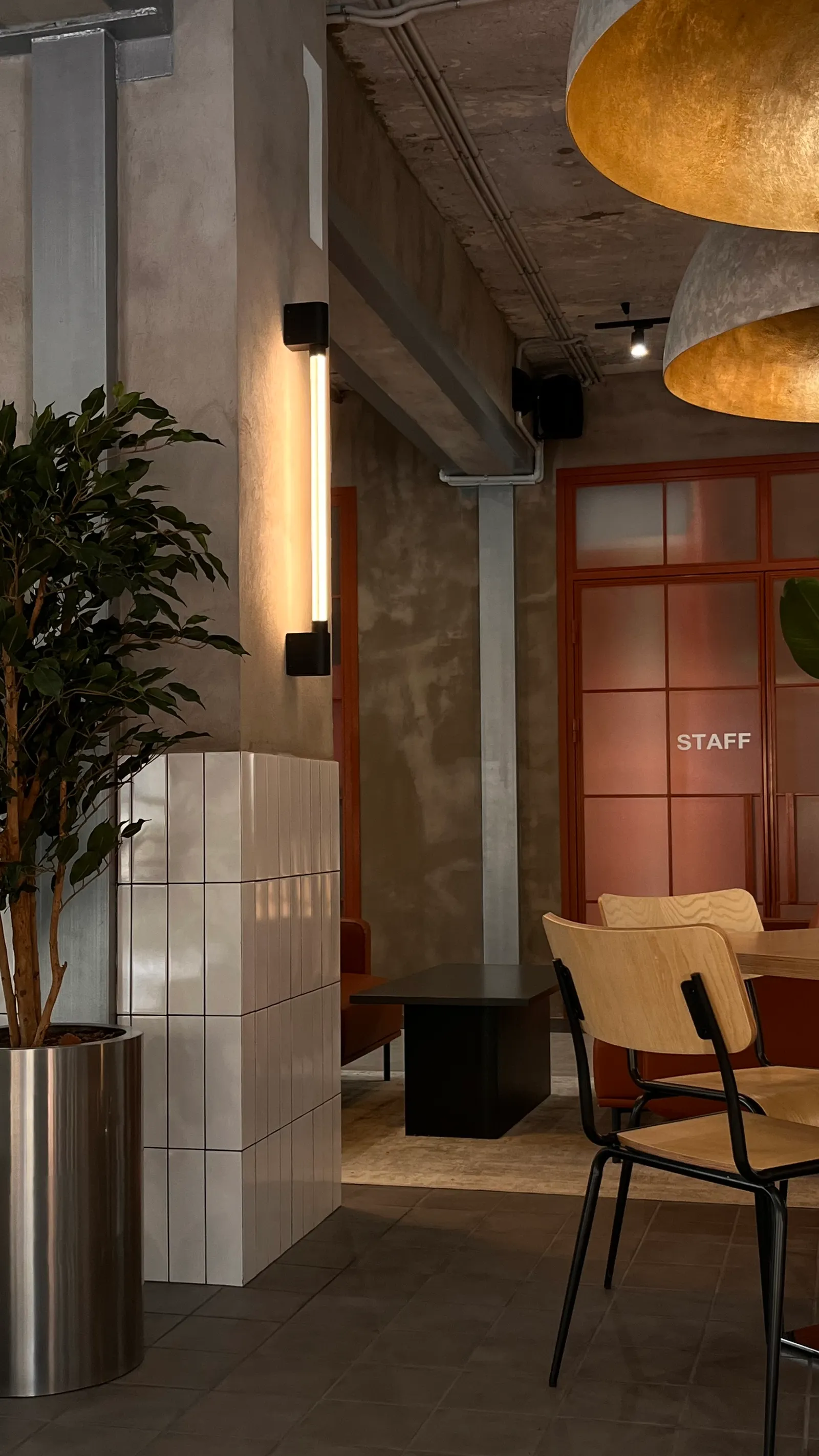 Stylish boutique office meeting area with natural timber and indoor planting